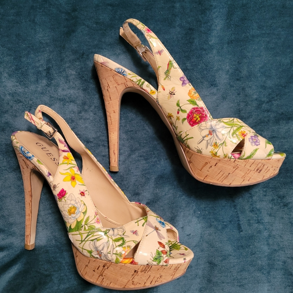 Guess Vintage Floral Cork Slingback Heels